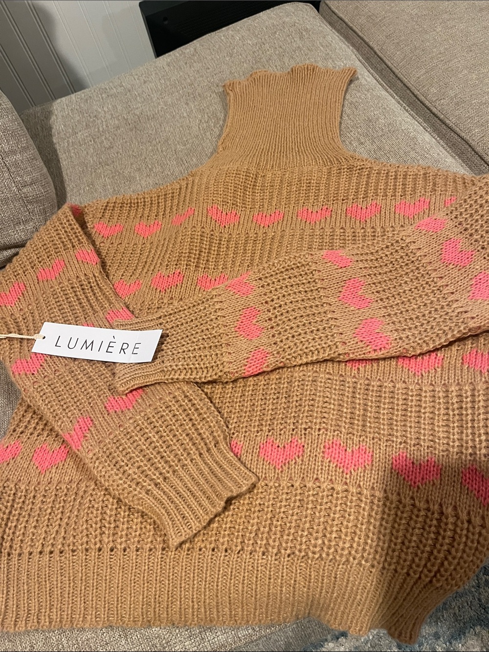 Lumiere Camel Turtleneck Sweater with Pink Heart Motif
